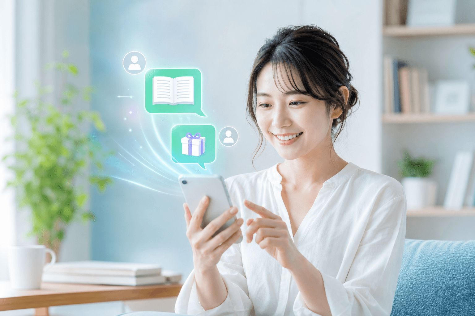 公式LINEで電子書籍と特典を受け取る女性